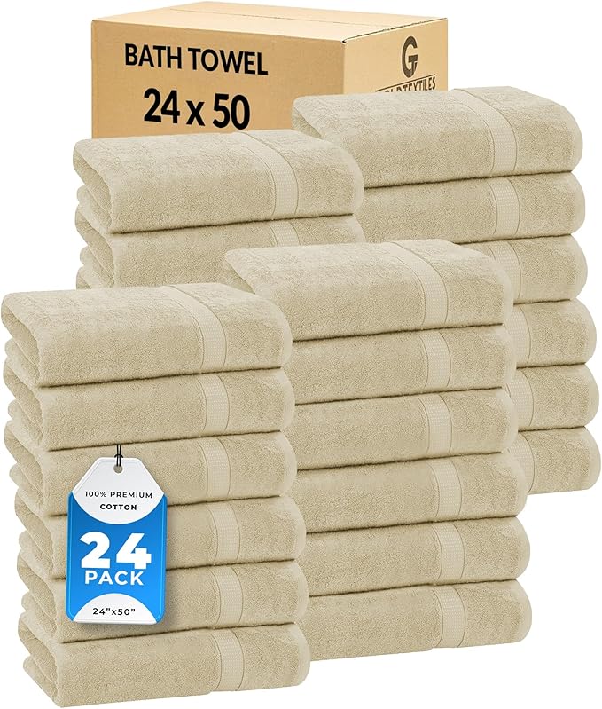GOLD TEXTILES Premium Sand 100% Cotton Bath Towels Set (24 Pack, 24 x 50 Inch) High Absorbency Multipurpose Quick Drying Pool Gym Hotel Spa Bath Towel (24, Sand)
