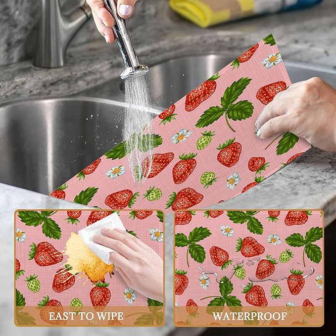 Strawberries and Leaves Placemats Set of 6 Washable Table Mats for Kitchen Dining Table,Heat-Resistant Place Mats for Indoor Outdoor Party Holiday Decoration