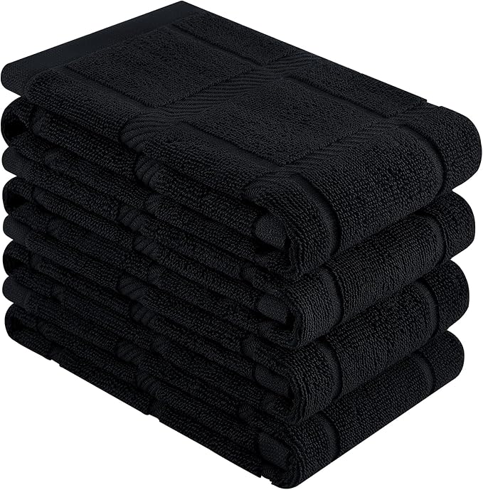Homaxy Premium Kitchen Towels 18"x28", 4 Pack Large Cotton 380 GSM Dish Towels, Soft and Absorbent Kitchen Hand Towels with Terry Grid Design, Utility Tea Towel Set with Hanging Loop, Black