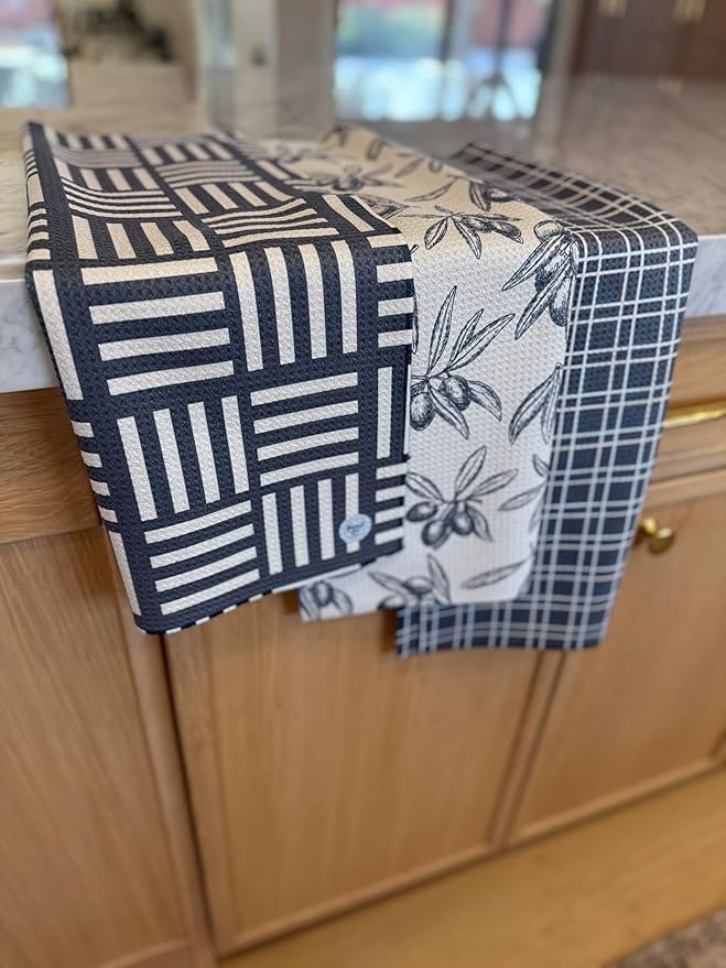 || 3 Pack|| Double Sided Dish Towels || Waffle Weave Microfiber || Highly Absorbent || Hanging Loop || Dish Cloths || Modern || Designer Prints || Lights (Gray)