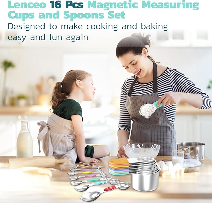 Magnetic Measuring Cups and Spoons Set of 16 - Stackable Stainless Steel Magnetic Measuring Spoons Set with Leveler - Dual Marking Scale Measuring Cup for Dry and Liquid Ingredients (Black)