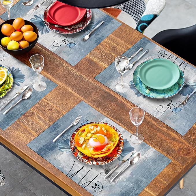 Daisy Placemats Set of 4 Blue Grey Rustic Vintage Floral Table Place Mats 12x18 Inch Seasonal Flower Spring Summer Linen Placemat for Party Kitchen Dining Outdoor Indoor Decor