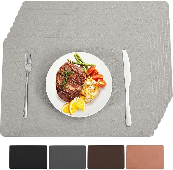 Vinyl Placemats Set of 12 Heat Resistant Easy Clean Non-Slip Place Mats for Dining Table Faux Leather Waterproof Stain Resistant Wipeable Washable PVC Table Mats(12, Light Gray)