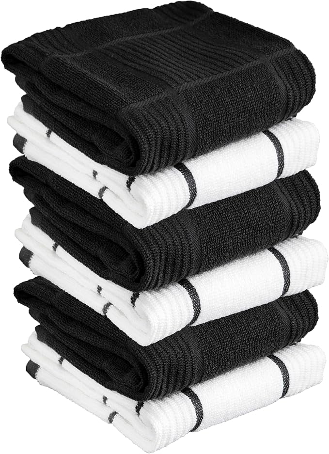 T-Fal Solid & Checked Parquet Kitchen Towels: Highly Absorbent, Super Soft Long Lasting - 100% Cotton, 16"x26" Dish Towels for Cleaning & Drying Dishes, Pans, Glassware, Countertops, 6-Pack, Charcoal