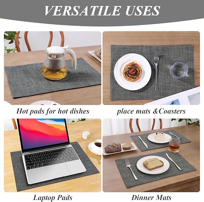 SHACOS Washable Cloth Placemats Set of 6 Fabric Place Mats Double Layered Thick Faux Linen Placemat Non Slip Reversible Table Mats Home Wedding Table Decor, Dark Grey