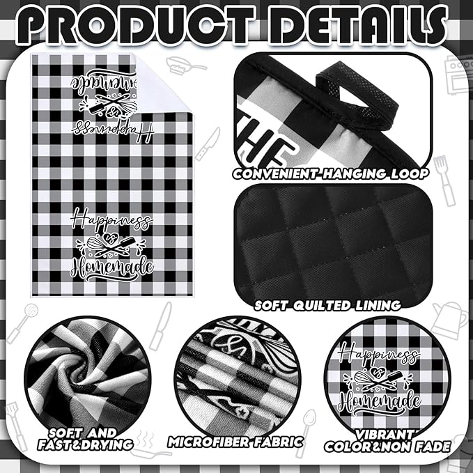 Sratte 6 Pcs Kitchen Decor Accessories Set Farmhouse Towels Pot Holders Oven Mitts Set 2 Dish Towels 2 Potholders 2 Cooking Mittens Oven Glove for Christmas Baking Cooking Supply(Black White,Kitchen)