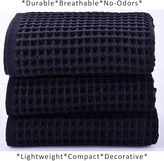 PÜSKÜL Natural 100% Turkish Cotton Waffle Kitchen Towels Set of 3 | Oeko-Tex, Premium Waffle Hand Towels for Bathroom | Soft Absorbent Quick-Dry Lint-Free Dish Towel Large 32x16 inch (3, Black)