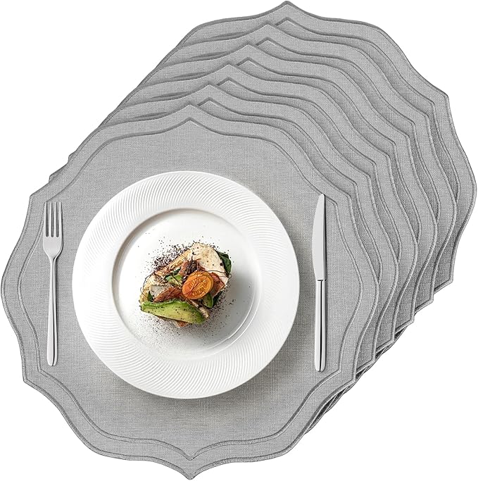 Set of 6 Cotton Linen Placemats, 15x15 Round Scalloped Cloth Table Mats, Embroidery Machine Washable, Wrinkle Resistance Fabric Place Mats for Wedding Summer Baby Shower Party Table Decor-Grey
