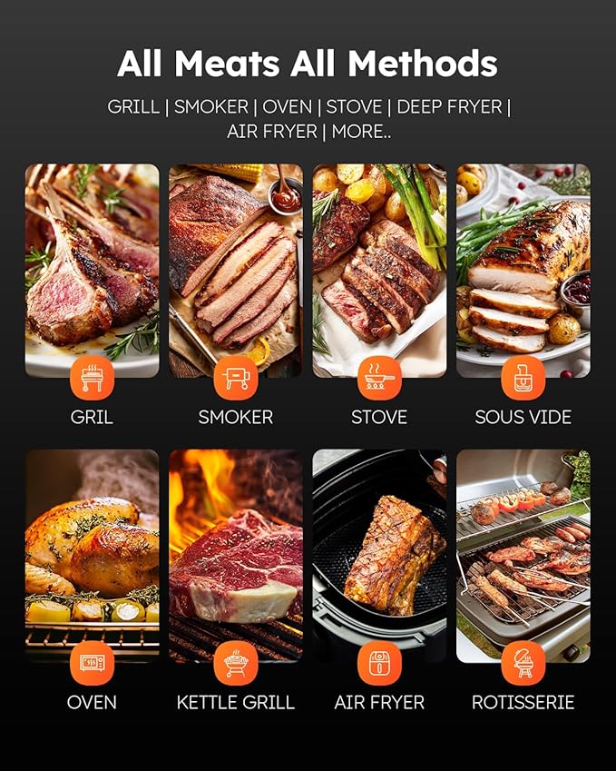 Smart Wireless Meat Thermometer with Ultra-Thin Probe, Digital Food Thermometer 0.5S Instant Read, 600FT Bluetooth Range Real-Time Monitoring & Smart Alerts for BBQ, Grill, Smoker, Oven, Air Fryer
