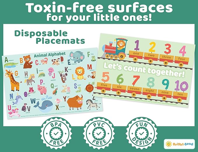 Bright Seed Disposable Placemats for Baby, Toddlers and Kids, 40 Disposable Baby Placemats for Restaurant, Dining Table & Travel, Learning Placemats for Kids, Toddler Travel, Animals ABC & Numbers