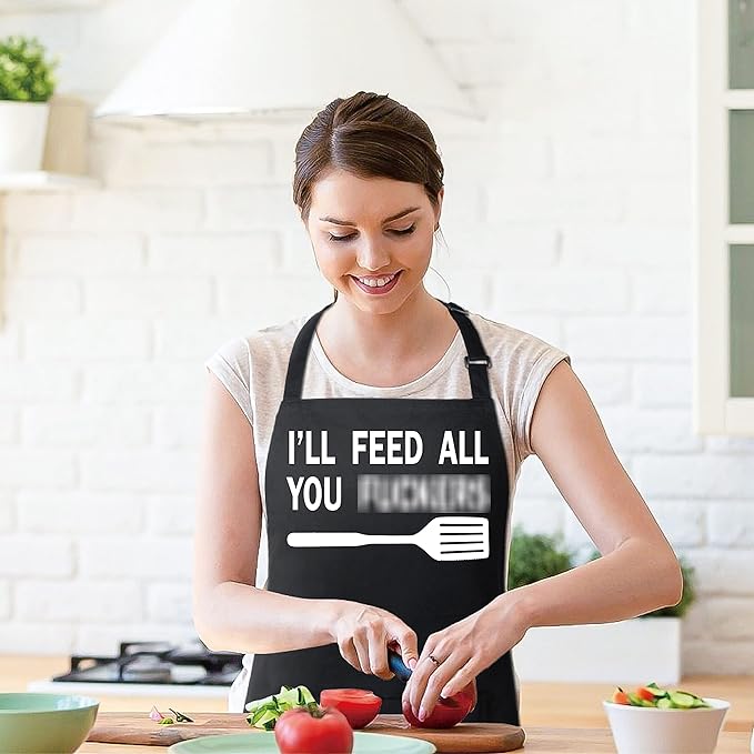 Xornis 100% Cotton Funny Apron with 2 Pockets for Men Women BBQ Grilling Adjustable Bib Black Aprons Gifts Cooking Kitchen