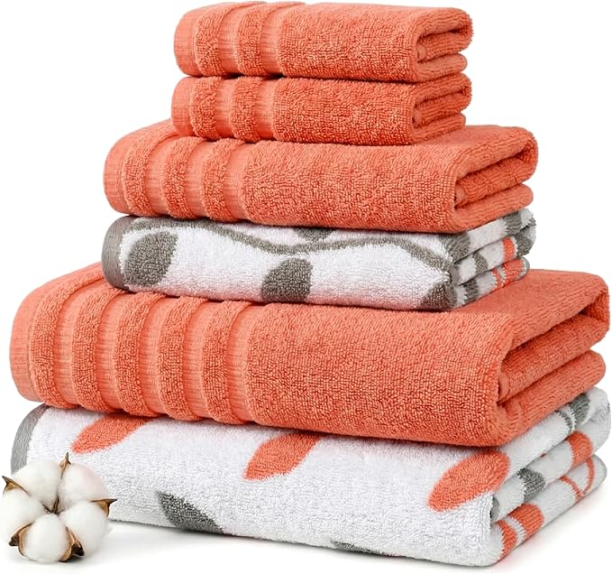 Modern Threads Natural Vine 6-Piece 100% Cotton Towel Set – Yarn Dyed Jacquard – Includes 2 Bath Towels, 2 Hand Towels, 2 Washcloths – Absorbent, Quick Dry, Soft & Durable – Rust Orange