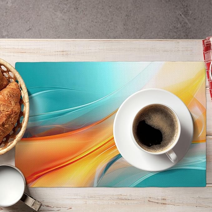 Teal and Orange Abstract Wave Linen Placemats Set of 4, 12 x 18 Inch Washable Non-Slip Heat-Resistant Kitchen Table Mats for Dining Table Outdoor Holiday Wedding Party Farmhouse, Kitchen Home Decor