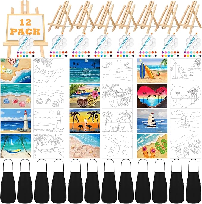 Motipuns 12 Set Pre Drawn Canvas for Painting for Adults Sip and Paint Kit with Easels 8 x 10 Inches Paint Party Kit with Printed Canvas Paints Brushes Palette Bag Apron(Beach)