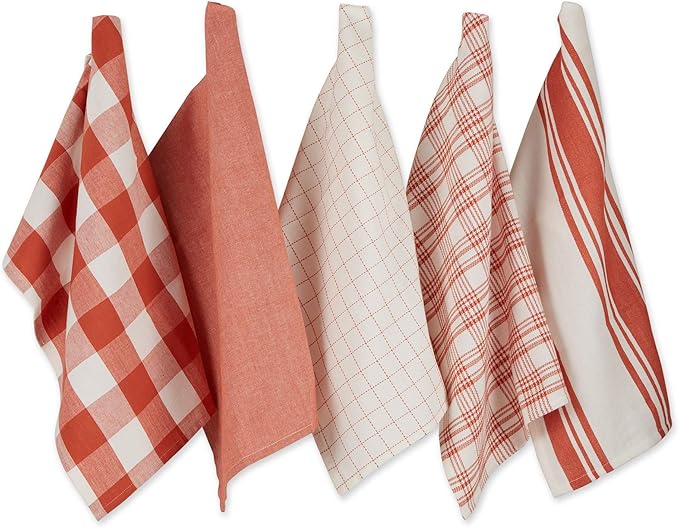 DII Everyday Basic Kitchen Collection Large Woven Cotton Dishtowel/Tea Towel Set, 18x28, Vintage Rose, 5 Count