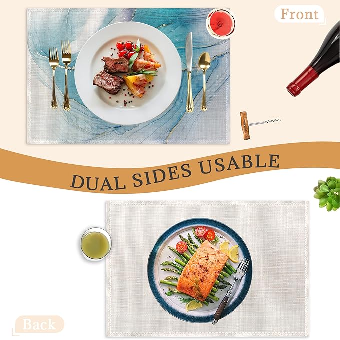 Teal Blue Placemats Set of 6,Washable Heat Resistant 12×18 Inch Linen Table Mats Marble Texture Place Mats for Party Outdoor Dining Décor