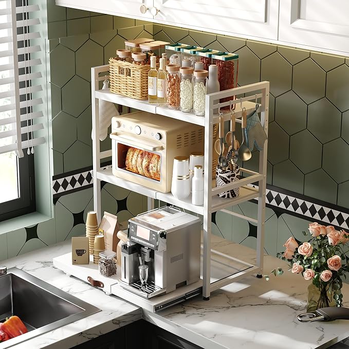 NETEL Expandable Microwave Stand,3 Tier Metal Kitchen Countertop Organizer Shelves with 8 Hooks,Bakers Rack,Pull-Out Microwave Shelf,Metal Storage Shelves,110lbs Weight Capacity,White