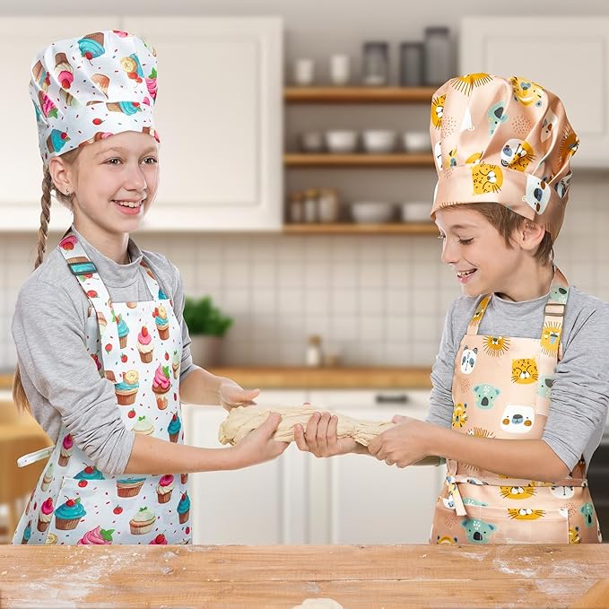 GROBRO7 4Pcs Kids Apron and Chef Hat Set Gift for Girls Boys, Cupcake Animal Prints Adjustable Kitchen Cooking Child Aprons with 2 Pockets Waterproof Smocks for Baking Painting Crafting