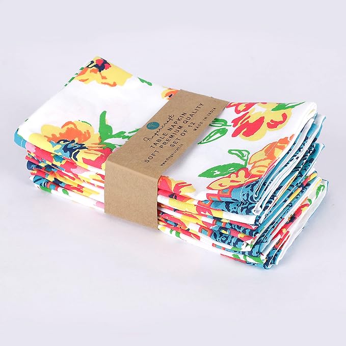 FINGERCRAFT Cloth Napkins, Set of 12 Cotton Linen Blend Printed Dinner Napkins Cloth Mitered Corner Perfect for Parties Dinners Weddings Cocktail Christmas Easter 20x20 Blooming Flower