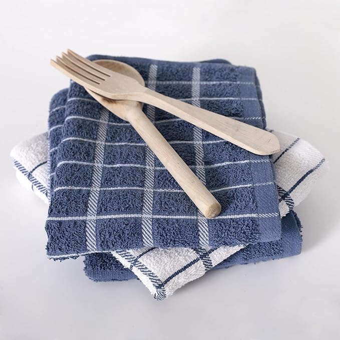 Ritz Premium 100% Cotton Terry Check Kitchen Dish Towels - Highly Absorbent, Super Soft, Long-Lasting, 25"x15", 3-Pack, Federal Blue