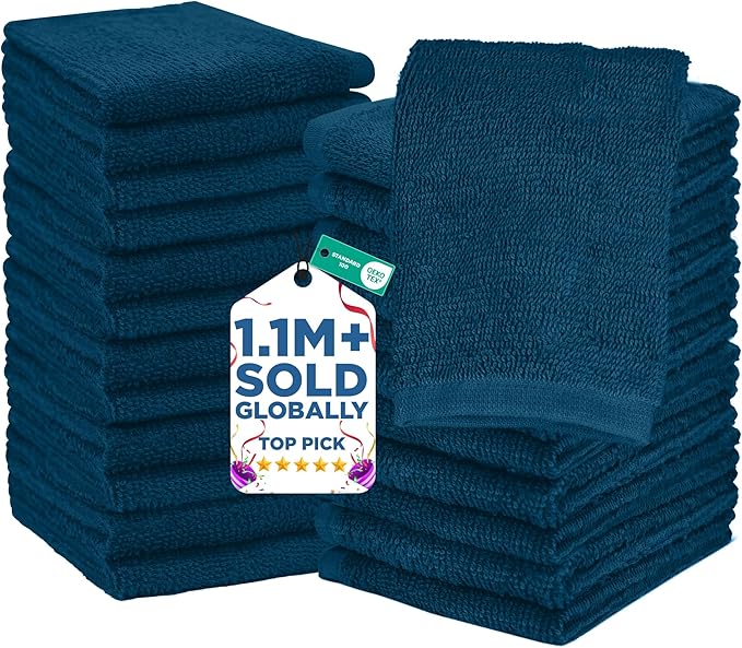 DAN RIVER 24 Pack Wash Cloths for Showering [12x12] - 100% Cotton Washcloths Premium Quality Flannel Face Cloths for Bathroom, Highly Absorbent and Soft Feel Wash Clothes, Blue Opal