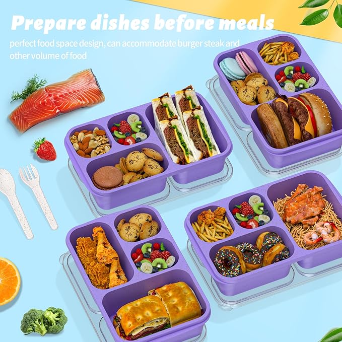 Bento Box 4-Pack 5-Compartment Meal Prep Containers, BPA-Free Plastic, Stackable Food Storage Lunch Boxes for Adults and Kids, School Work Travel (Purple)