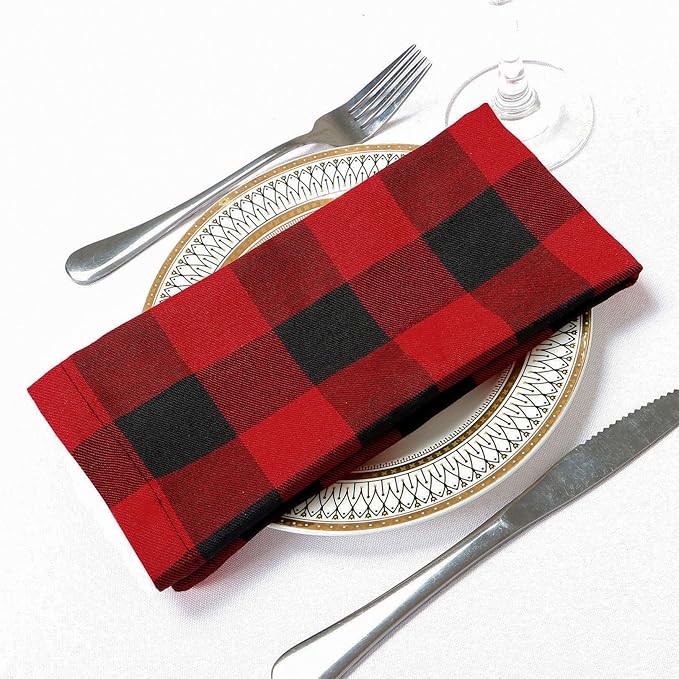 Set of 4 Reusable Cloth Napkins - Buffalo Plaid Red/Black 20x20 Inch, Christmas Dinner, Restaurant & Family Table Linens (4-Pack)
