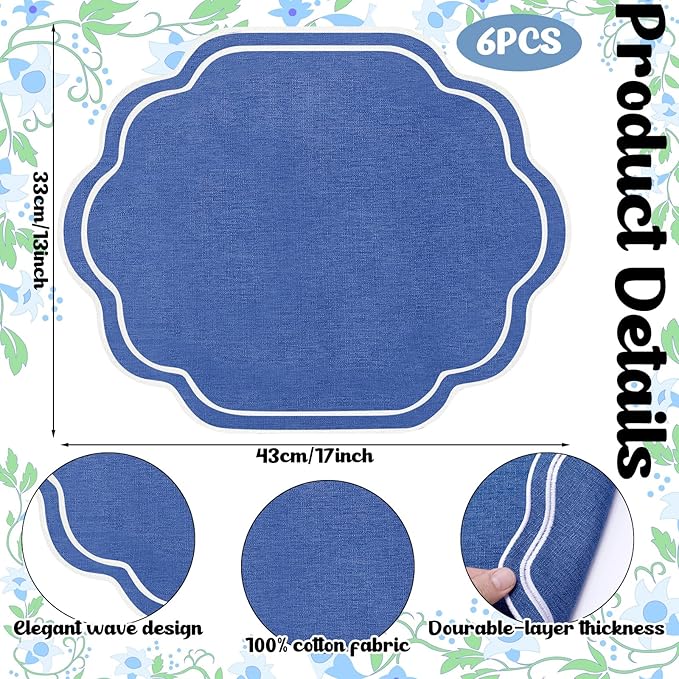 Breling 6 Pcs Wedding Placemats Scalloped Embroidered Cotton Linen Placemats 17" x 13" Double Layered Machine Washable Table Place Mat for Party Table Decor (Navy Blue)