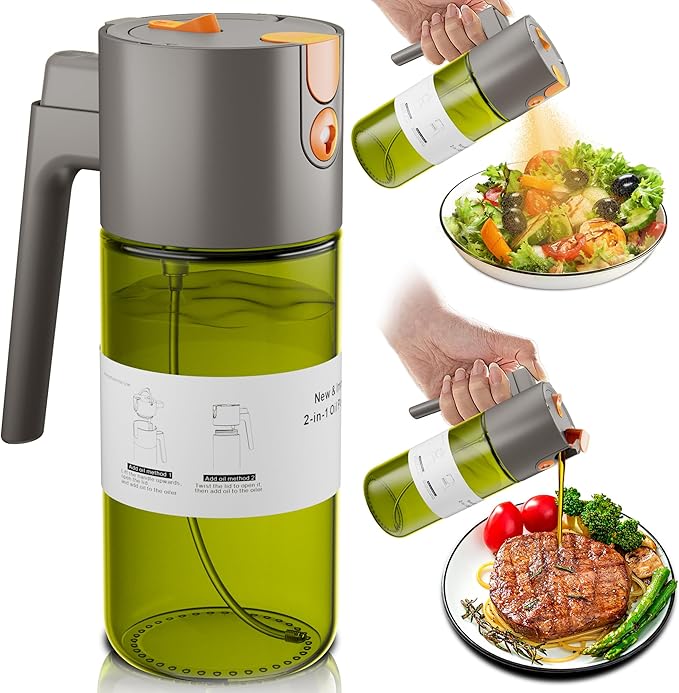 LUKUMIQI 2 in 1 Oil Sprayer for Cooking, 17oz Light-Blocking Glass Spray Bottle with Stickers, Oil Dispenser for Salad, Air Fryer & BBQ