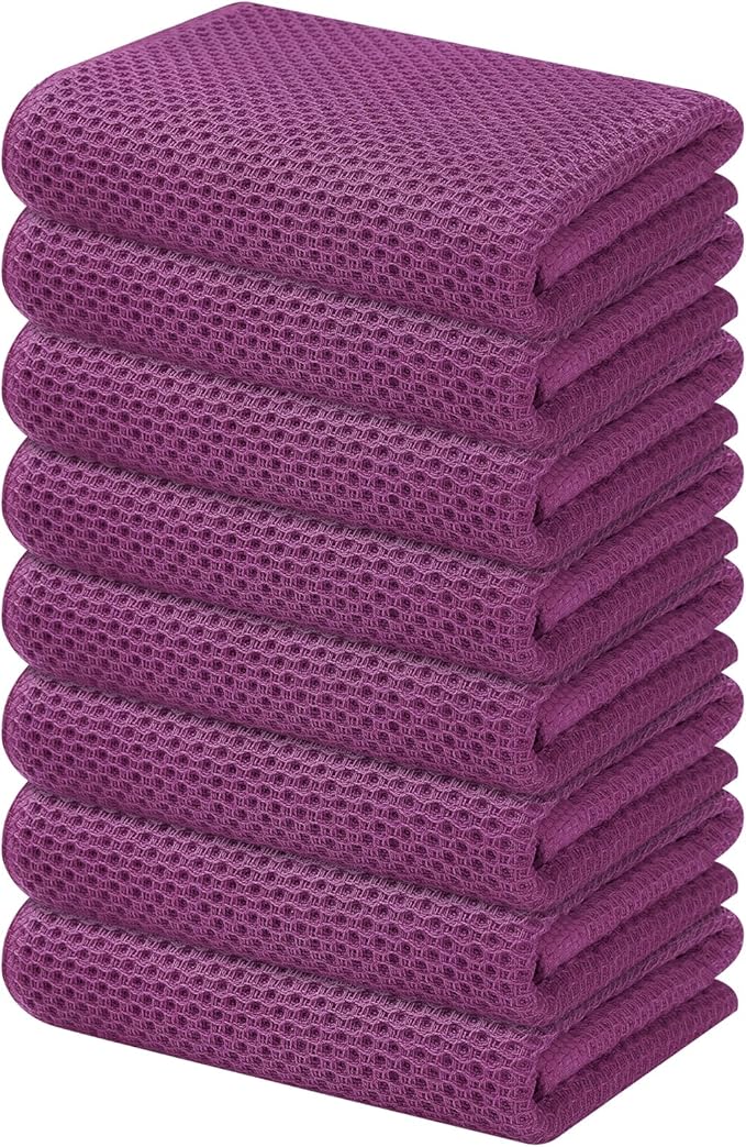 Kitinjoy 100% Cotton Waffle Weave Kitchen Hand Towels (13 X 28 Inches, Violet), 8-Pack Super Soft and Absorbent Dish Towel for Drying Dishes