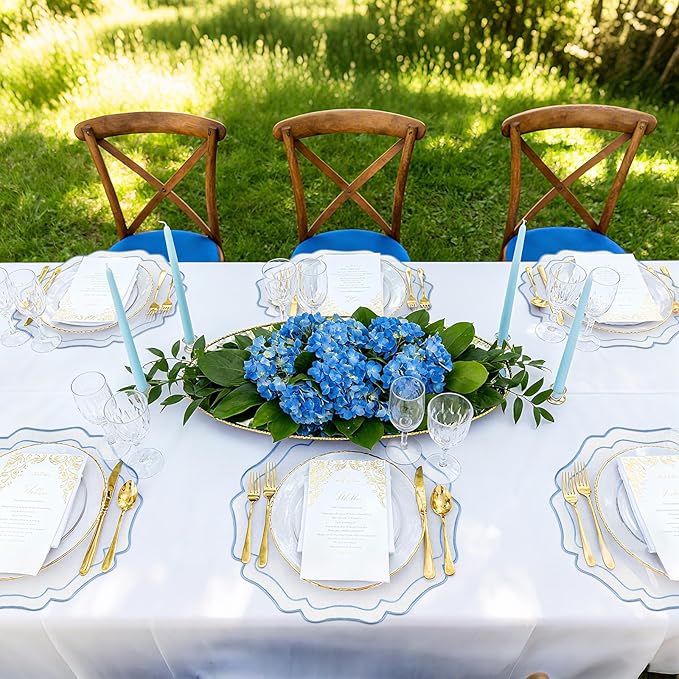 8 Sets Blue and White Ribbon Twirl Cotton Linen Placemats, 15 inch Embroidery Scalloped Round Cloth Table Mats Washable Fabric Place Mats Flower Shape for Wedding Baby Shower Banquet Party Table Deco