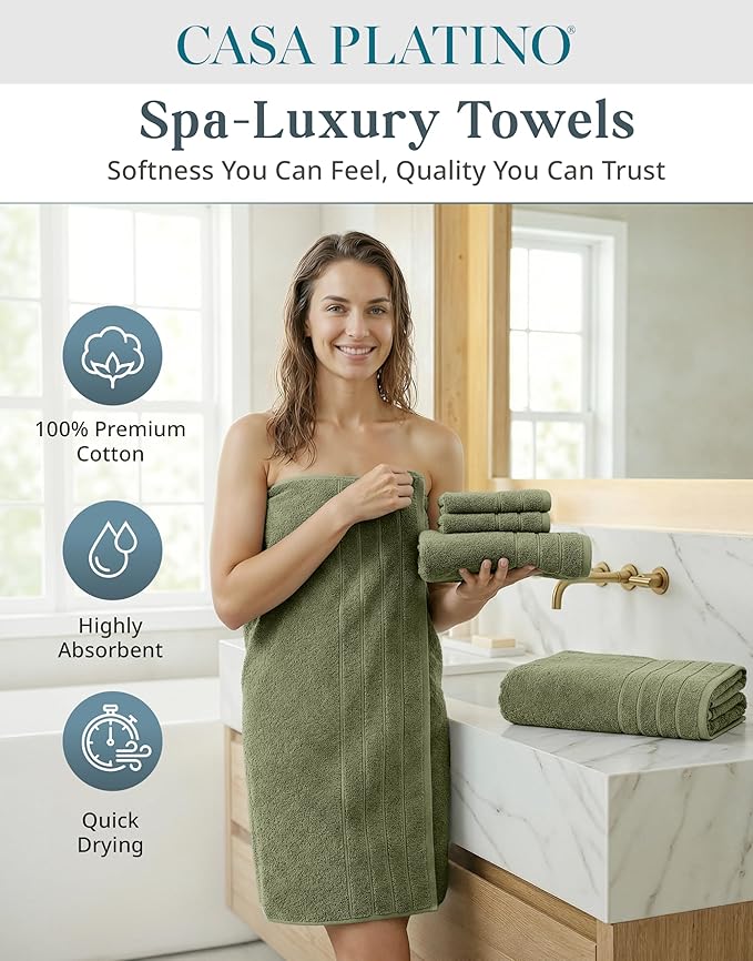 Casa Platino 100% Luxury Cotton Bath Towel Pack of 18 - Softer, High Absorbency & Durable - 6 Bath, 6 Wash Cloth, 6 Hand Towels for Bathroom - Premium Look, Spa Quality, Solid Dyed Towels - Oil Green