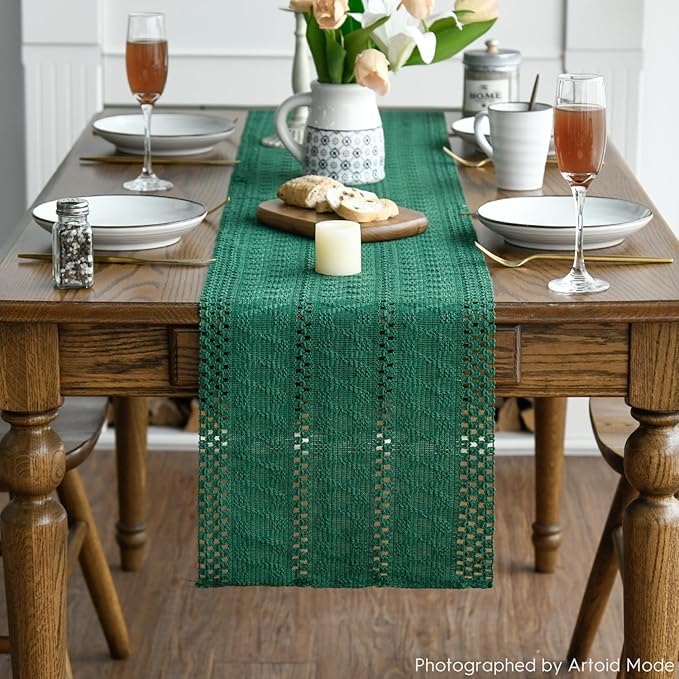 Artoid Mode Dark Green Farmhouse Woven Rustic Hollow Table Runner, Seasonal Holiday Hollow Kitchen Dining Table Decoration for Home Party Decor 12x72 Inch