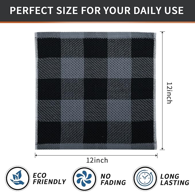 Mordimy 100% Cotton Waffle Weave Plaid Dish Cloths, 12 x 12 Inches, Super Soft and Absorbent Quick Drying Buffalo Check Dish Rags for Kitchen, 12-Pack, Black & Grey