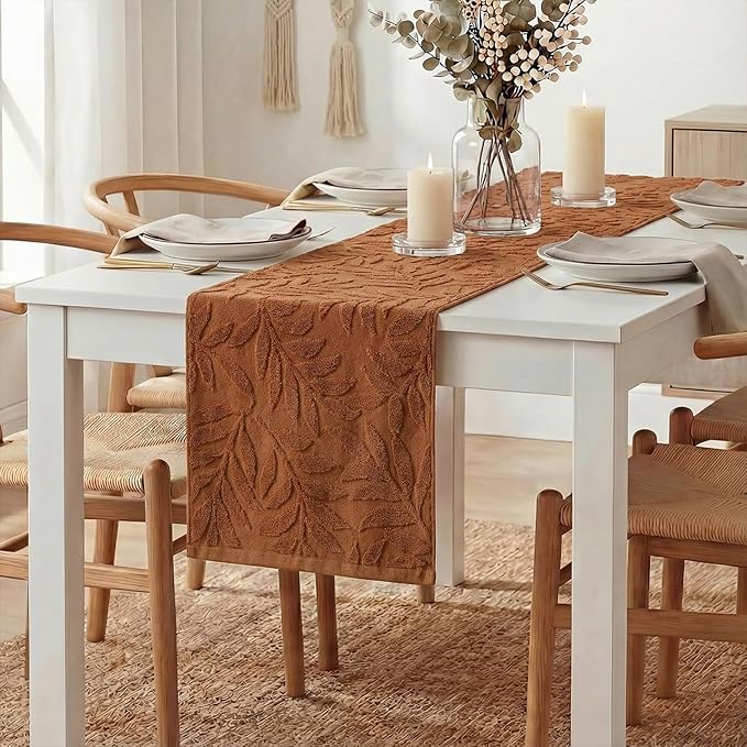 Artoid Mode Caramel Soft Cotton Jacquard Leaves Spring Table Runner, Holiday Kitchen Dining Table Decoration for Home Party Decor 13x72 Inch