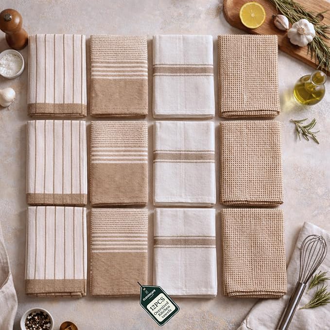CLOUDSCAPE Kitchen Towels 12 Set 18”x28” Cotton Blended Hand Towels with Hanging Loop - Quick-Drying Dish Towels for Kitchen Essentials, Highly Absorbent, Dish Cloths Set for Washing Dishes - Beige
