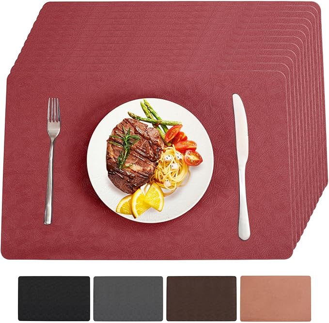 Vinyl Placemats Set of 12 Heat Resistant Easy Clean Non-Slip Place Mats for Dining Table Faux Leather Waterproof Stain Resistant Wipeable Washable PVC Table Mats(12, Red)
