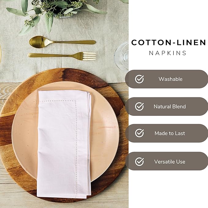Ramanta Home White Coth Dinner Napkin Set of 12 Premium Easter Cotton 18X18 Inch Linen Flax Hemstitched Soft & Durable Napkins Ideal for Everyday Use, Wedding Parties, Spring Basket Decor