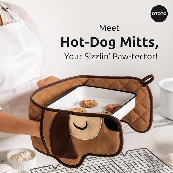 OTOTO Hot-Dog Double Oven Mitts Cute Funny - Gifts for Dog Lovers, Dachshund Themed Gifts, Heat Resistant, Kitchen Gadgets (Brown)