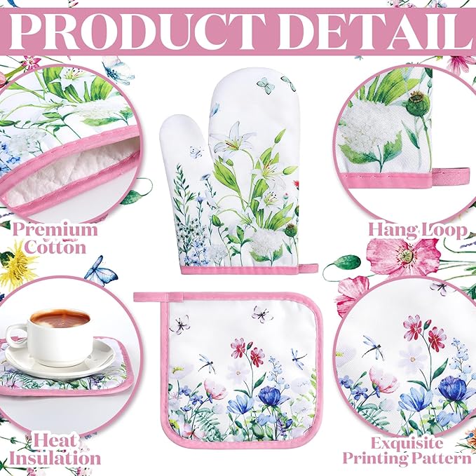 Leinuosen 6 Wild Flower Kitchen Towels Kitchen Decor and Accessories Set Floral Plant Oven Mitts and Pot Holders Sets Farmhouse Absorbent Dish Towels for Cooking Baking Grilling