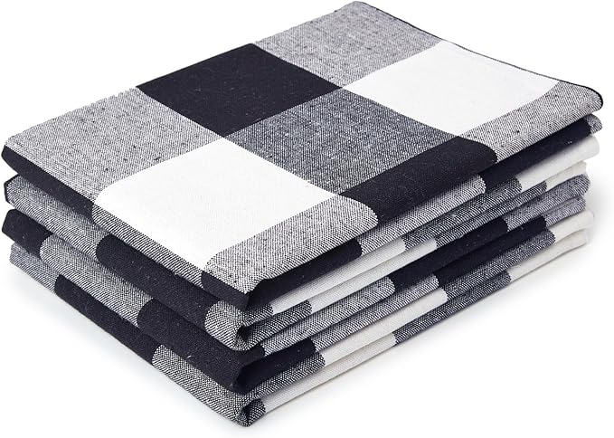 Encasa XO Cotton Kitchen Towel Set | Hand and Tea Cloth for Cleaning & Quick Drying, X-Large 28"x18" (Pack of 4) Highly Absorbent - Buffalo Black Checks