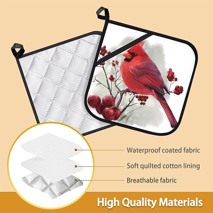 Christmas Cardinal Bird Pot Holder Set of 2,Heat Resistant Potholders Oven Hot Pads for Kitchen Cooking Baking BBQ