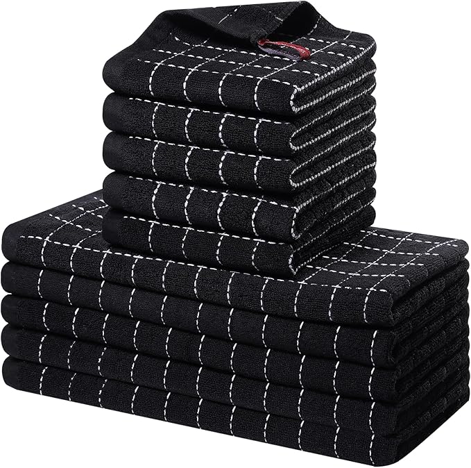 Homaxy Kitchen Towels and Dishcloths Set, 12 x 12 and 13 x 28 Inches, Set of 10 Bulk Cotton Terry Kitchen Towels Set, Checkered Designed, Soft and Super Absorbent Dish Towels, Black