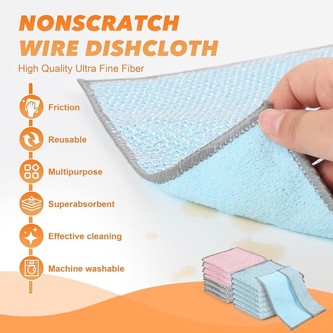 12Pack Upgrade Multipurpose Wire Dishwashing Rags, Double-Side Non Scratch Wire Dishcloth, for Wet and Dry Use, Reusable Metal Scrubbing Microfiber Clean Cloths for Home/Kitchen/Stove（Grey）