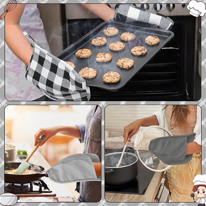 R HORSE 6Pcs Pot Holder with Pocket Black Check Pocket Pot Holder Set Cotton Plaid Kitchen Heat Resistant Potholder Non-Slip Potholder Oven Mitts Hot Pads Terry Cloth Pot Holders for Cooking Baking