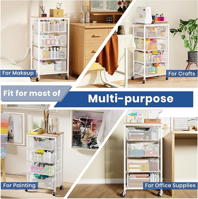 Goovilla Kitchen Cart with Drawers, 4 Tier Metal Rolling Utility Cart Organizer on Lockable Wheels with Wooden Top, White Fruit Vegetable Storage Rack Also for Cans, Snack, Craft, Art, Office, Beauty