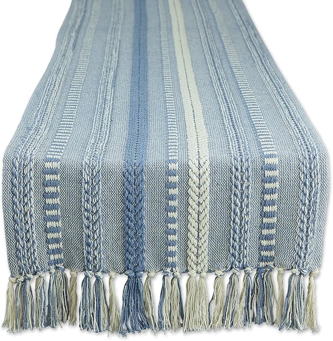 DII Farmhouse Braided Stripe Table Runner Collection, 15x108 (15x113, Fringe Included), Stonewash Blue
