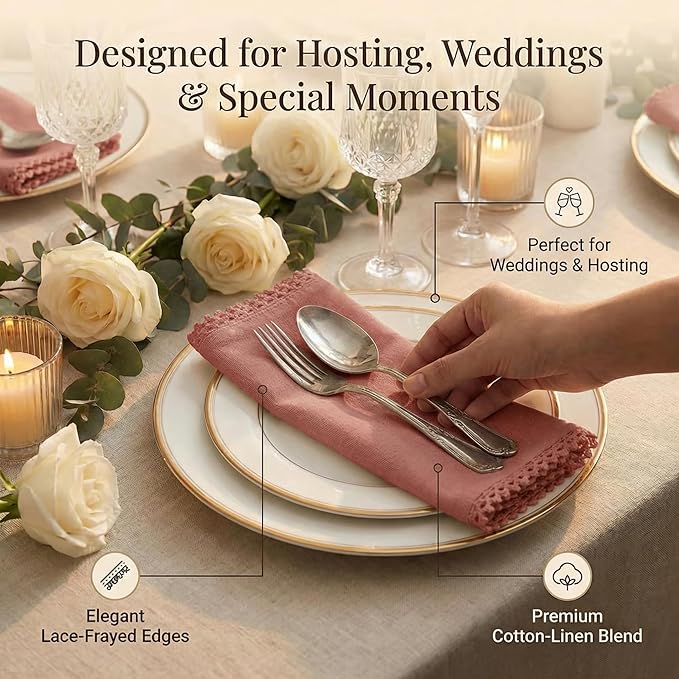 ACCENTHOME Blush 12-Piece 18x18 inch Cotton Dinner Napkins - Soft, Premium Hotel Quality, Reusable, Perfect for Family Dinners, Weddings & Everyday Use