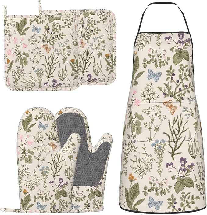 Vintage Wildflower Herbs Floral Rustic Butterfly Oven Mitts Pot Holders Cooking Apron Set of 5 Silicone Kitchen Glove Apron Non-Slip Heat Resistant for Chef Baking Cooking Grilling BBQ