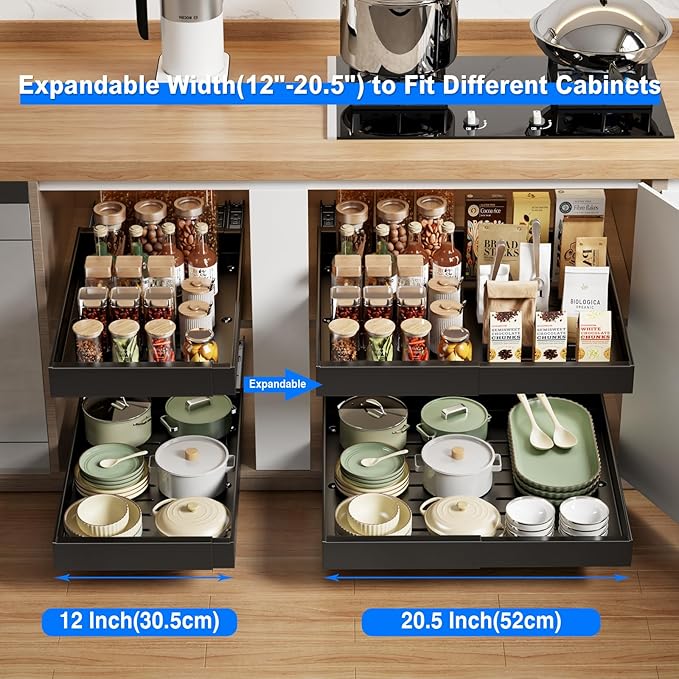MUSTORN 2 Pack Pull Out Cabinet Organizer Expandable, 21"Deep Slide Out Drawer for Cabinets Adhesive Pull Out Drawers Heavy Duty Pull Out Shelves for Kitchen, Cupboard, Pantry, Bathroom(Black)